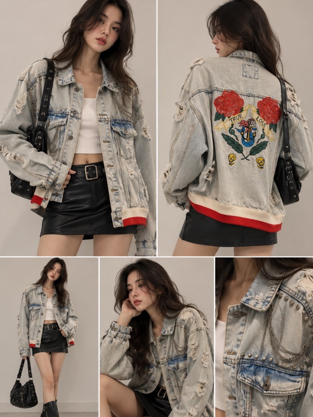 Denim Jacket Oversized Distressed Crystal Embellished Swag Cool Chic